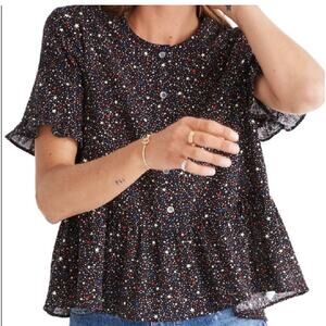 Madewell Studio Ruffle Hem Button Front Peplum Top in Starry Night Black‎ Large